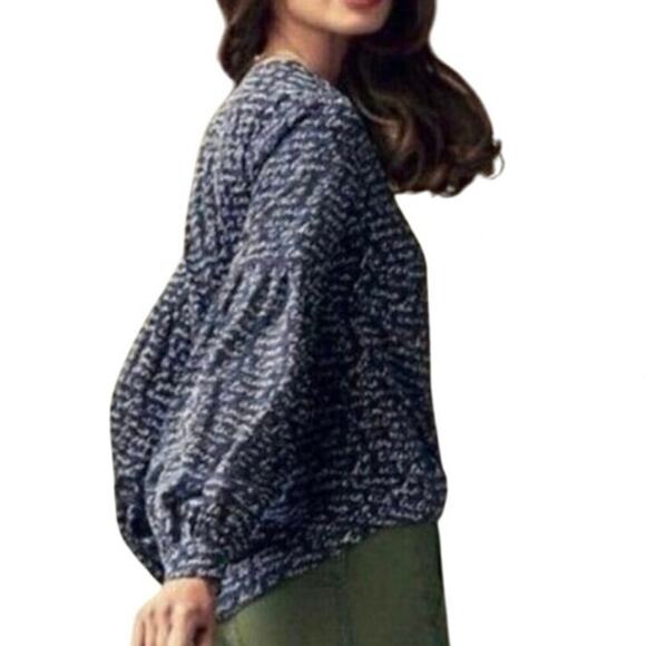 CAbi Te Amo Navy Blue Love Letter Languages Script Balloon Sleeve Blouse Size S - Picture 14 of 14